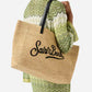Borsa City in raffia con logo nero ricamato a contrasto