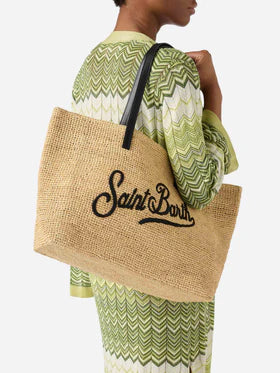 Borsa City in raffia con logo nero ricamato a contrasto