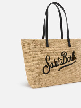 Borsa City in raffia con logo nero ricamato a contrasto